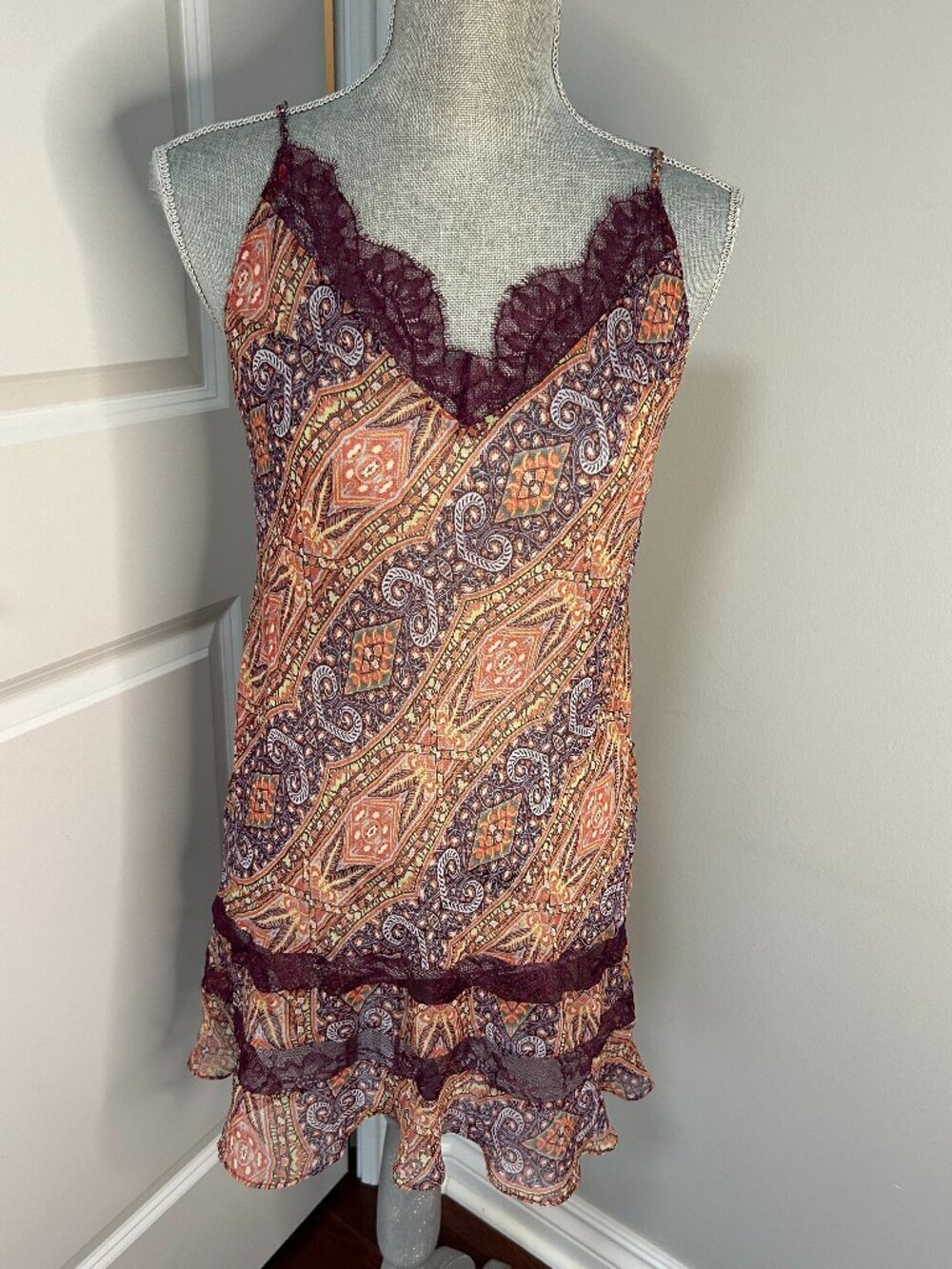 Victoria's Secret Sheer Burgundy Paisley Pullover Slip Nightgown in size M.